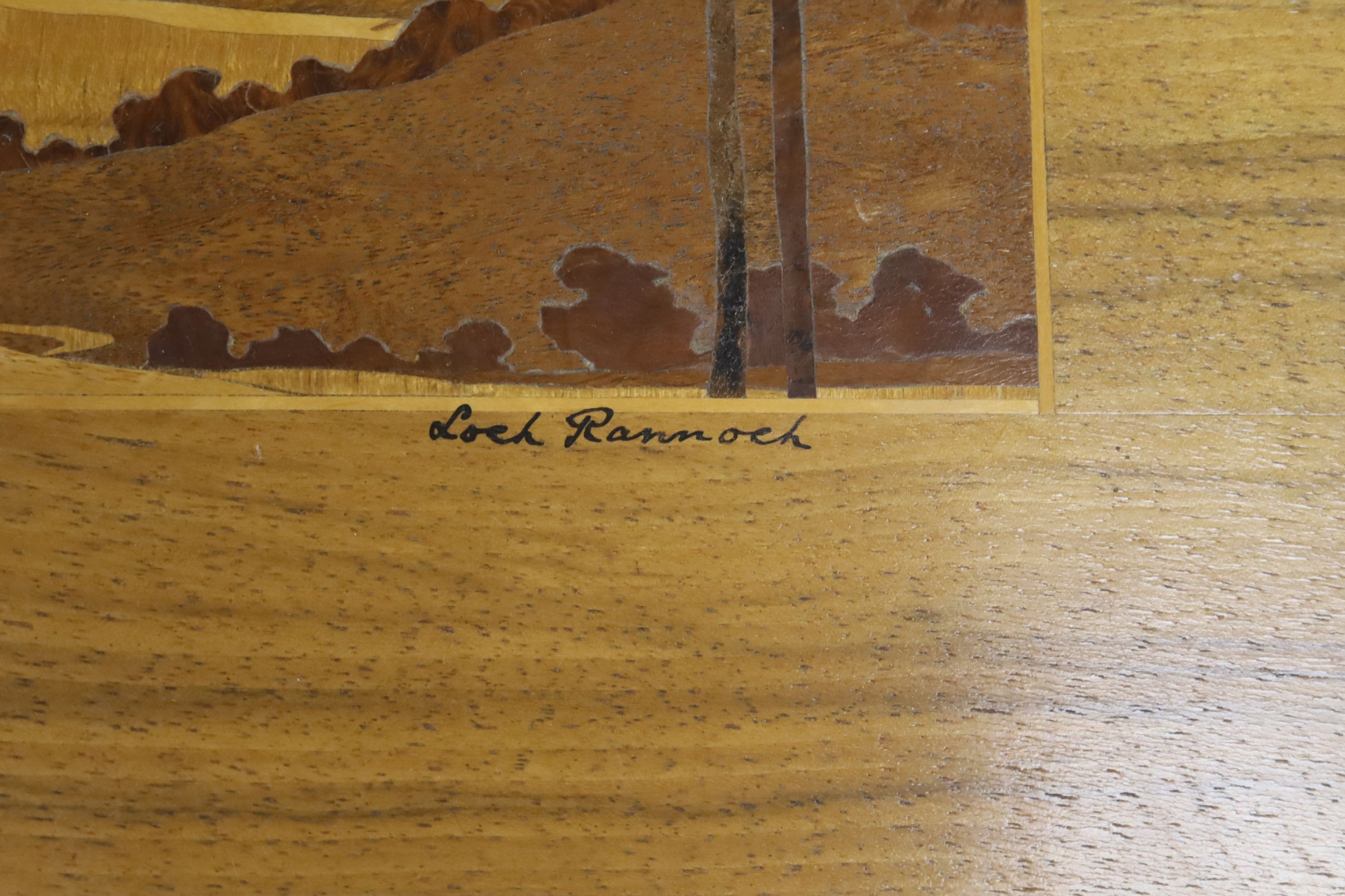 Two Scottish Bemochie marquetry panels, Urquhart Castle, Loch Ness and Loch Rannoch, dated 1949 and 1948 resp., 31 x 47cm